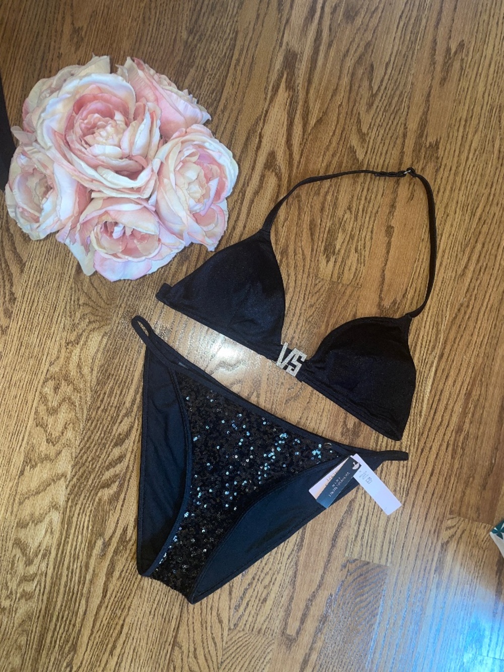 Victorias Secret SWIM Bikini Set-New-M-Sequined Bottom-Crystal Accent Top